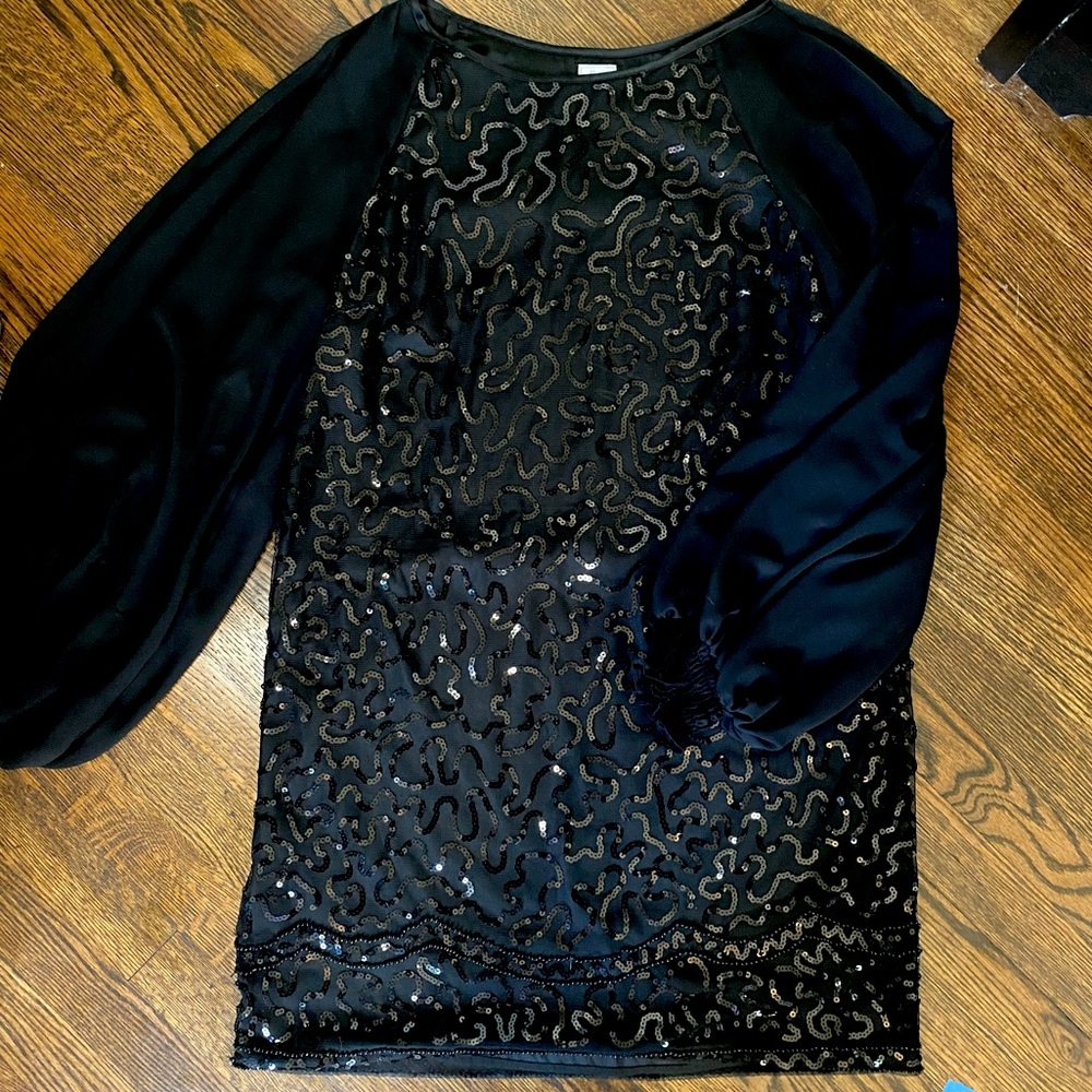 Georgina Chapman sparkly black party dress with sheer long puff sleeves!